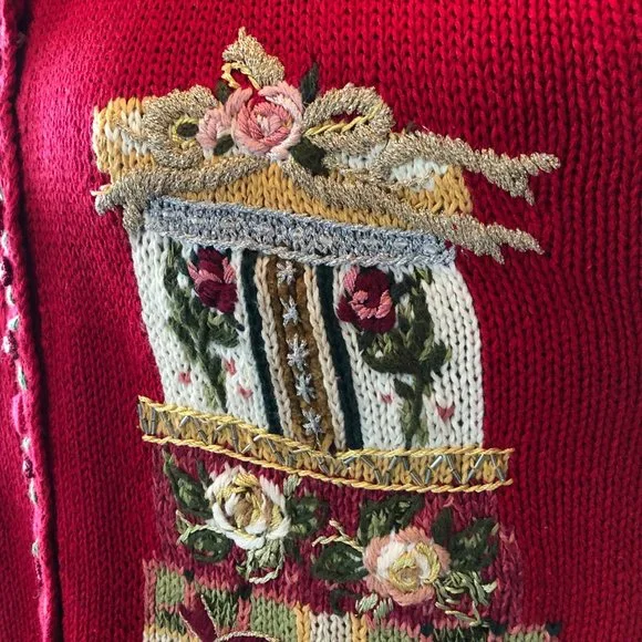 Vintage Tiara Petites Size PM Red Cardigan Sweater 2000 Teddy Bear Fair Isle - Picture 9 of 13